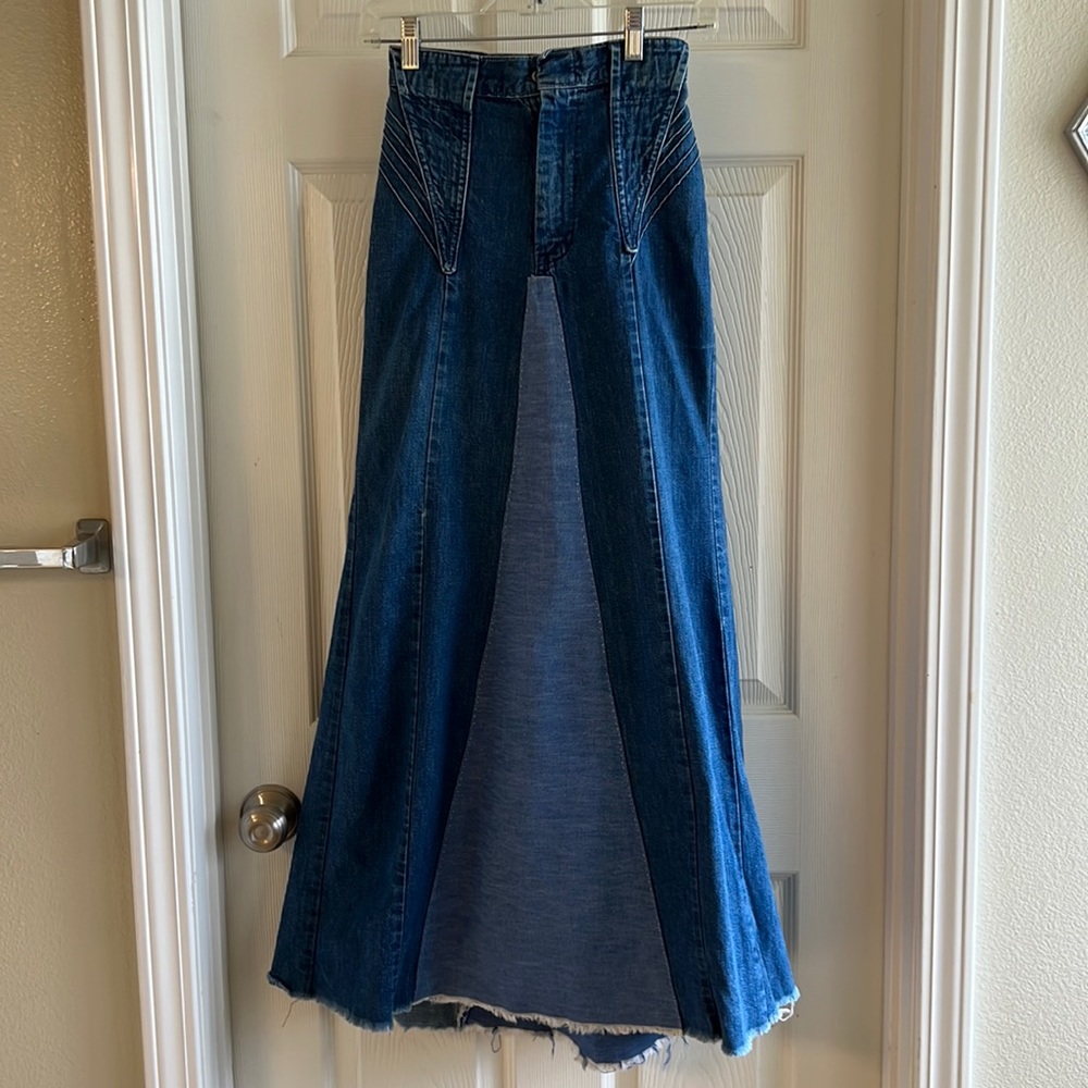 Vintage jean denim long maxi skirt 1970’s hand made repurposed one of kind boho